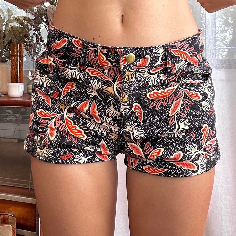 HM Women Size 4 Floral Paisley Print Mini Shorts Black Orange Boho Festival